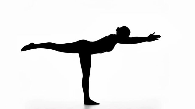 Female Silhouette Performing Warrior III Yoga Pose Vector Animation