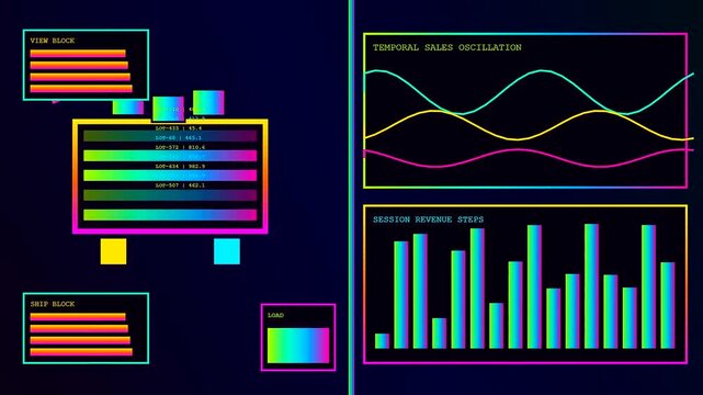 A vibrant stream commerce display shows digital analytics with neon line graphs and bar charts floating in space on a dark screen interface for monitor viewing