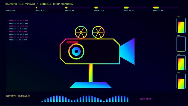 A vibrant stream commerce interface displays live video metrics with colorful graphics and pulsating data bars reflecting real time production monitoring on multiple digital monitors