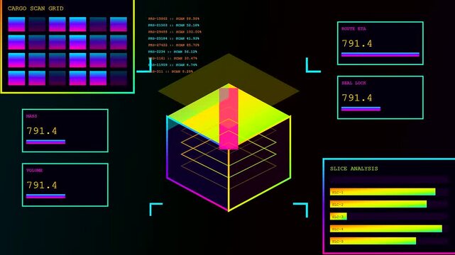 A digital stream commerce interface displays glowing isometric box models with floating numerical data points and colorful graphical bar charts for advanced logistical tracking system monitoring