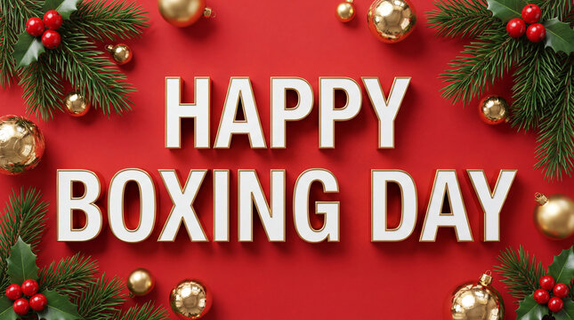 A festive 3D render with the text Happy Boxing Day, decorated with gold Christmas baubles, pine branches, and holly berries on a vibrant red background.