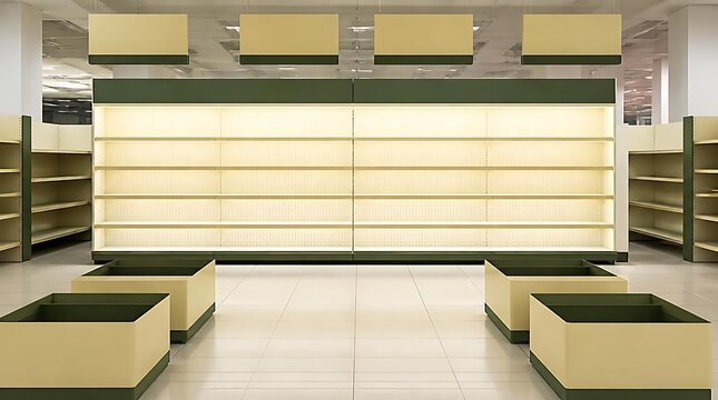 Wide angle view of empty retail store shelves and display racks in a modern supermarket interior, representing supply chain issues, out of stock products, or a new business shop opening soon.