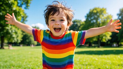 Fototapeta premium Happy young boy in rainbow striped t-shirt runs through green park. Excited child with outstretched arms laughs joyfully under sunny blue sky. Small kid enjoys summer vacation, freedom, outdoor play