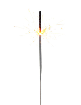 Sparkler stick with a thin metallic wire covered in gray pyrotechnic coating, actively burning with bright golden sparks, isolated on transparent background, festive celebration light effect.