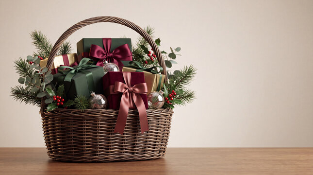 A woven wicker basket overflowing with elegant gift boxes, satin bows, pine branches, holly berries, and glass ornaments for a festive holiday celebration.