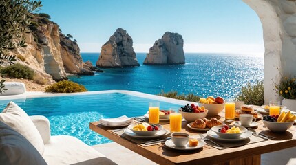 Fototapeta premium Luxury breakfast meal served on wooden table overlooking blue Mediterranean sea. Fresh fruit, juice, croissants, coffee on terrace with infinity pool. Sunny morning view of rocky cliffs, ocean coast