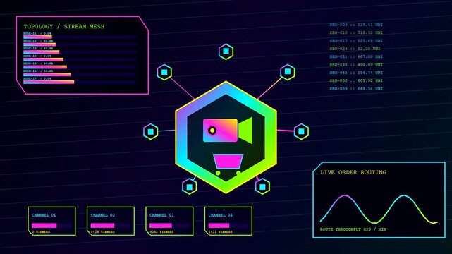 a colorful stream commerce dashboard display showing multiple digital channels with moving signal waves and network nodes in a vibrant neon aesthetic interface for data analysis