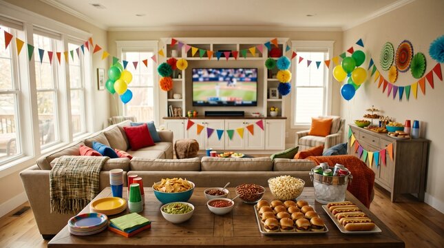 Festive living room decorated for a sports game day party with snacks and colorful decorations