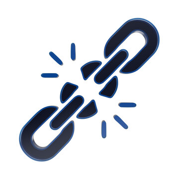 Blue 3D glass broken chain link icon with radiating sparks, representing a broken connection or freedom isolated on a transparent background