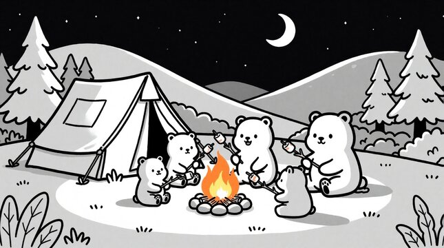 Cute cartoon bears go camping at night. Family of bears sits around campfire roasting marshmallows on sticks. Small tent stands near forest trees under moon, stars. Group of animals enjoy outdoor