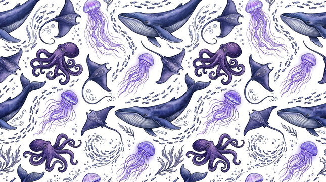Seamless pattern of hand drawn colored deep sea creatures with giant blue whales swimming octopuses manta rays and glowing jellyfish painted in indigo violet tones on white background