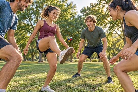 Friends playing footbag together in a sunny park