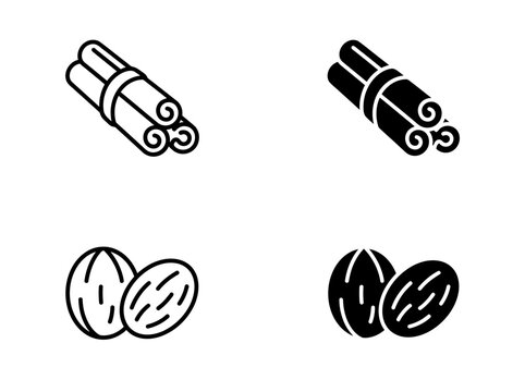 Cinnamon sticks and whole nutmeg seeds icon set with cinnamon