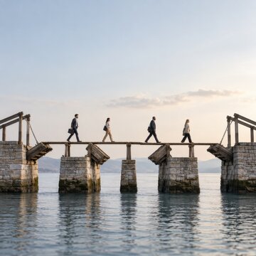 People crossing a narrow beam above a broken bridge