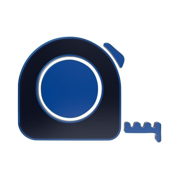 Blue glass 3D icon of a construction tape measure tool with pull-out rule, isolated on dark background isolated on a transparent background