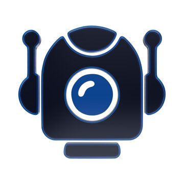 Blue glossy glass robot icon with antenna ears and camera lens eye, artificial intelligence symbol technology isolated on a transparent background