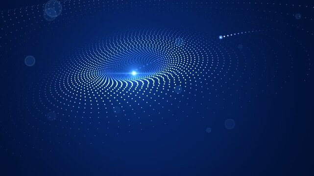 Blue glowing particles swirling in a digital galaxy spiral
