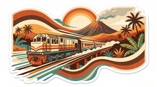 Retro vector sticker illustration of an Indonesian passenger train crossing a bridge with volcano, palm trees and sunset in vintage 70s style