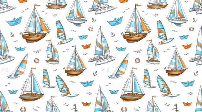 Seamless pattern of hand drawn colored sailing yachts and boats with classic wooden sailboats white catamarans and windsurf boards painted in sky blue orange on white background