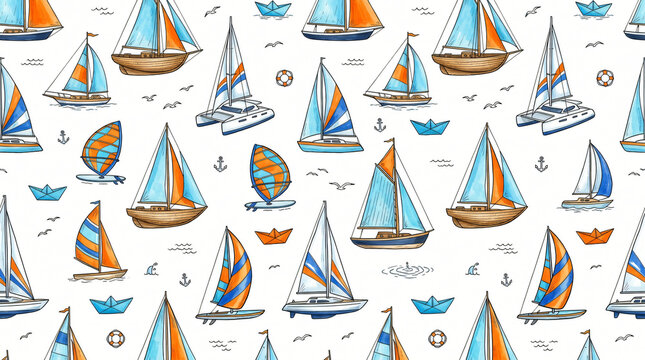Seamless pattern of hand drawn colored sailing yachts and boats with classic wooden sailboats white catamarans and windsurf boards painted in sky blue orange on white background