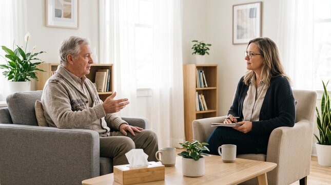 A senior man shares his thoughts with a professional therapist during a private counseling session