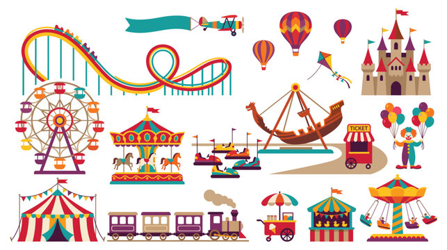 Amusement park carnival attractions set featuring roller coaster and ferris wheel rides.