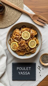 Overhead flat lay of traditional African Poulet Yassa chicken with lemon and caramelized onions in a rustic bowl on a wooden table with a chalkboard.