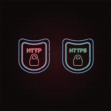 Neon web security icons, glowing HTTP and HTTPS shield vector, cybersecurity SSL encryption concept, red open and green closed padlock emblems
