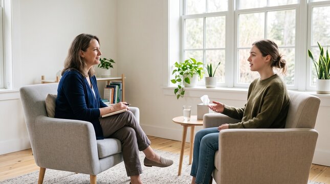 A professional therapist listens to a young adult client during a supportive mental health session