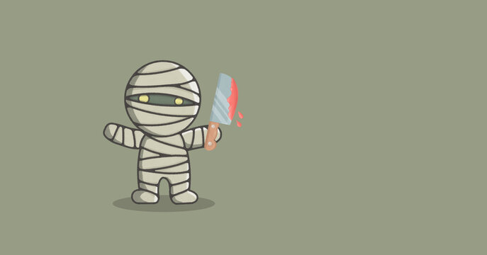 Cute cartoon Halloween mummy holding a bloody kitchen cleaver knife on a grey background