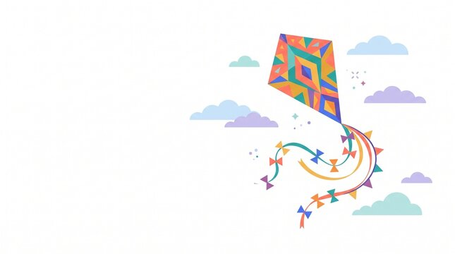 Colorful geometric kite flying in the sky with decorative clouds and sparkling star elements