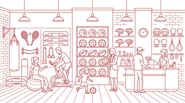 Sports equipment store interior featuring red line art exercise gear and happy customers.