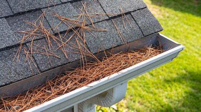 Clogged Roof Gutter Filled with Dry Pine Needles on Asphalt Shingle Roof