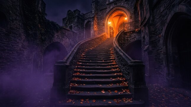Mysterious Staircase Leading to Glowing Entrance in Dark Fantasy Setting.