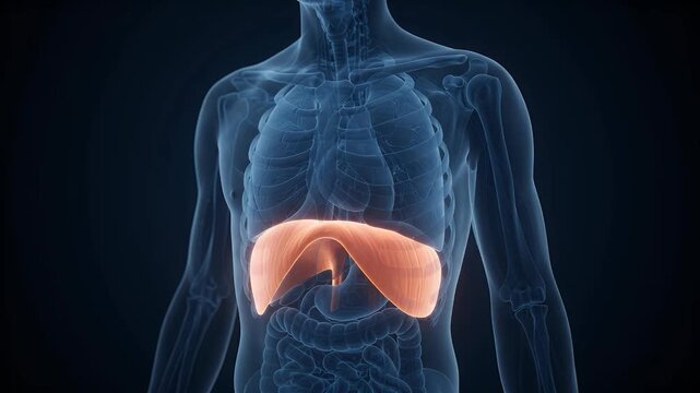 Human diaphragm muscle highlighted in orange, contracting and expanding during respiration process, visible within transparent torso silhouette with lungs and rib cage on dark background, medical