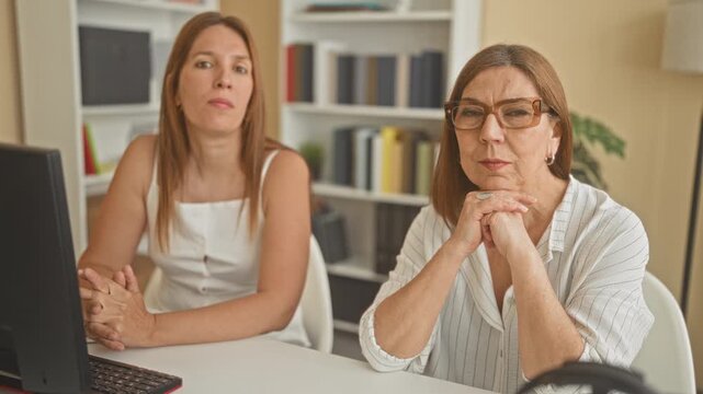 Woman at computer with hands clasped under chin and colleague with arms crossed in building; generational concern.