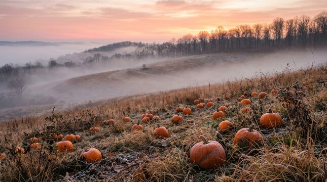 Autumn fog rolls over a pumpkin patch at sunrise with rolling hills and trees.