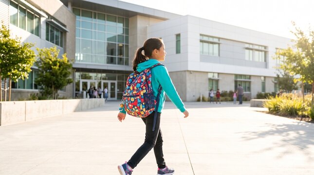 A young student walking toward a modern school building on a bright and sunny morning outdoors