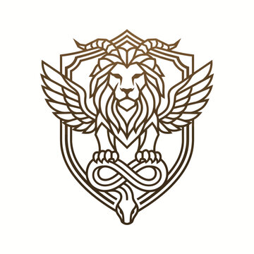 Heraldic shield logo featuring a mythical chimera with a winged horned lion and snake line art