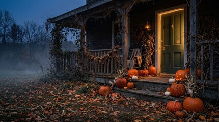 Fototapeta premium Spooky Halloween house with pumpkins and fog at dusk.
