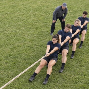 Tug of war team practicing coordinated pulling on grass