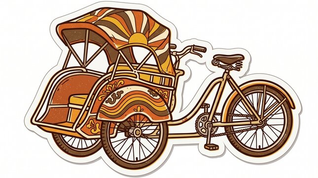 Vintage Indonesian becak pedicab vector sticker with ornate retro sunburst canopy, traditional cycle rickshaw illustration in 70s style