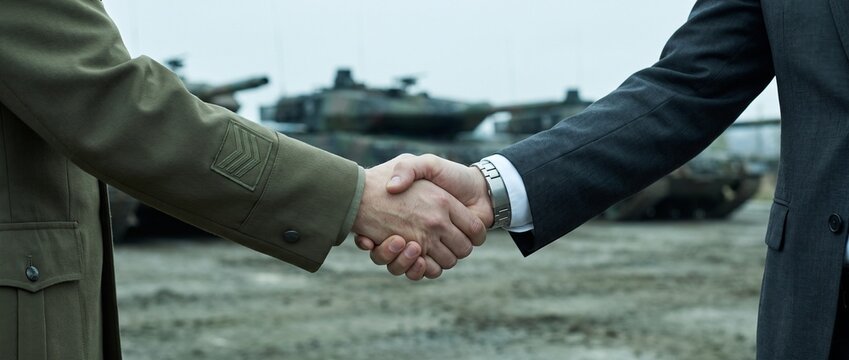  Handshake Between a Military Officer in Uniform and a Businessman in a Suit Against Blurred Tanks, Defense Cooperation and Contract Concept