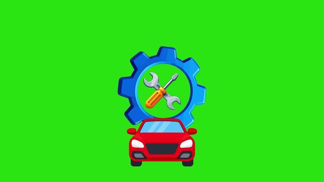 Animated red car with rotating blue gear and tools icon on green screen background. Ideal for auto repair and service concept.
