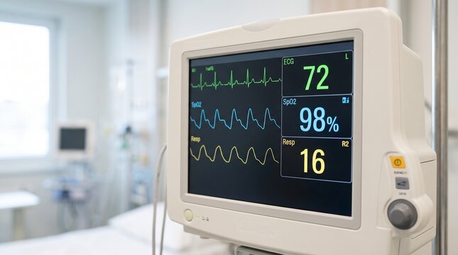Modern digital medical monitor displaying vital signs in a hospital room