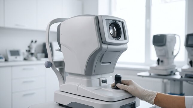 medical specialist operating eye examination equipment in bright clinic
