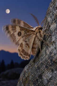 Moth resting on tree bark beneath a moonlit sky