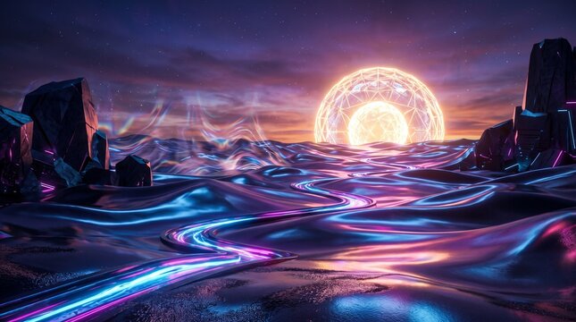 Surreal Digital Desert with a Giant Artificial Sun, metallic dunes, holographic pathways and glowing terrain creating a mysterious futuristic environment.