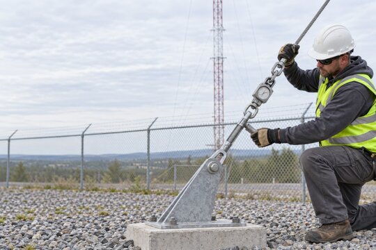 Technician adjusting a tower guy wire tensioner