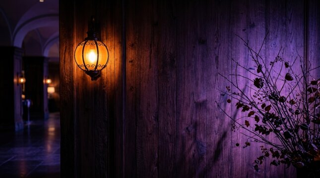 Mysterious dimly lit hallway with antique lantern and purple lighting.